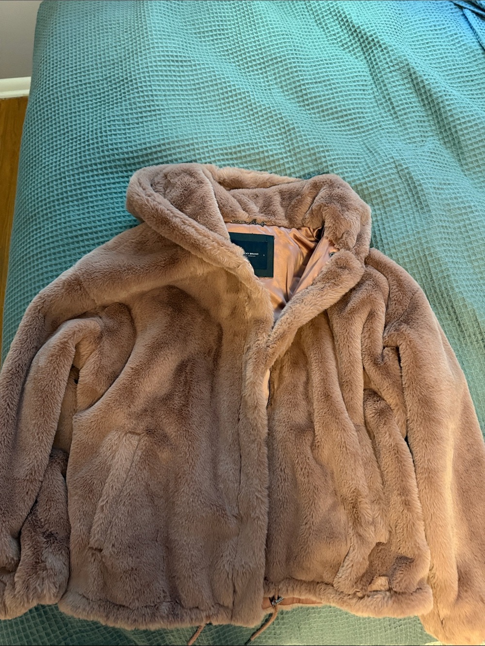 Lucky Brand Plush Hooded Puffer Jacket in Light Brown/Plum